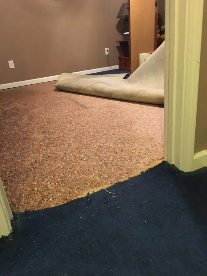 Carpet pad removal revealing water damage during Drying & Dehumidification in Fallbrook